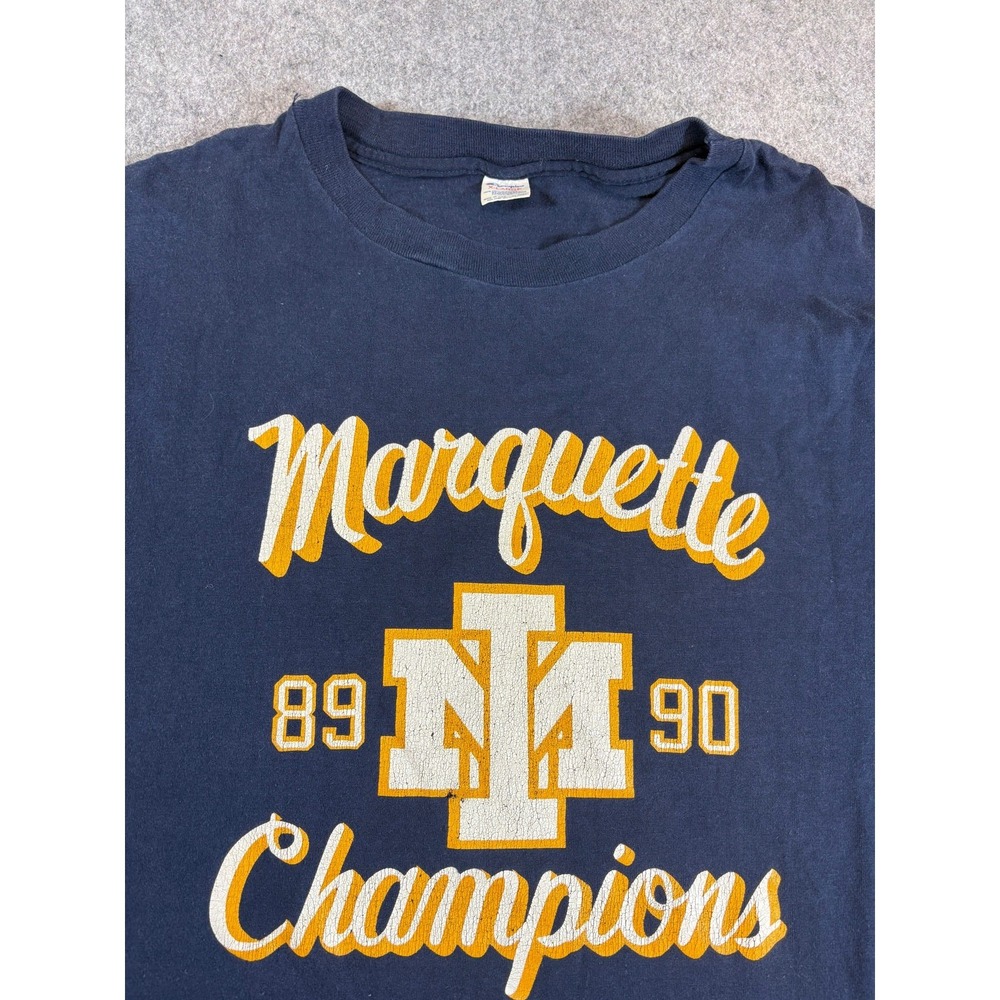 Vintage 80s Marquette Golden Eagles Champion T-Shirt Navy XL 1989 1990 College